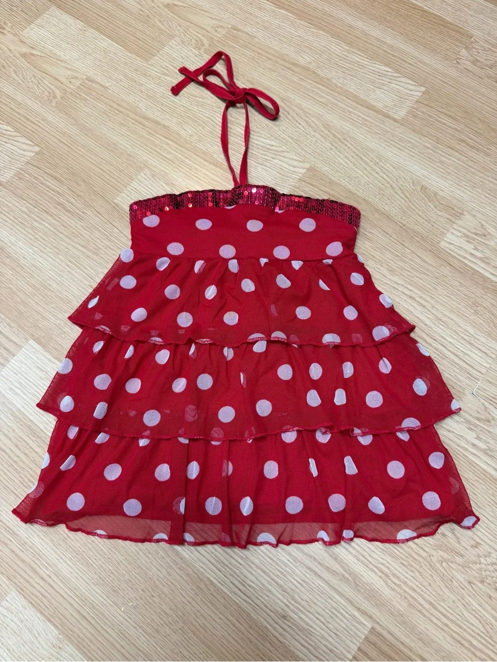Justice Red White Polka Dot Tiered Halter Top Sequin Trim Ruffle Girls Size 8